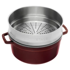 Staub Cocotte avec panier vapeur 26 cm, Rond(e), , Fonte Grenadine Hot