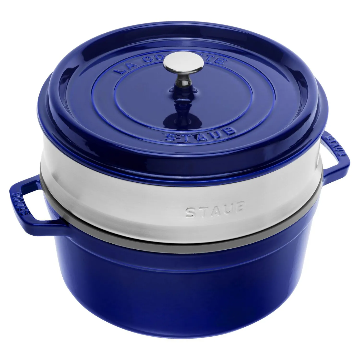 Staub Cocotte avec panier vapeur 26 cm, Rond(e), , Fonte Bleu intense