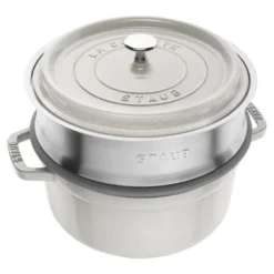 Staub Cocotte avec panier vapeur 24 cm, Rond(e), , Fonte Truffe blanche Hot