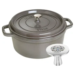 Staub Cocotte et Swarovski bouton, 2-pcs. /28 cm, gris graphite / argent, Fonte / Acier Inoxydable Outlet