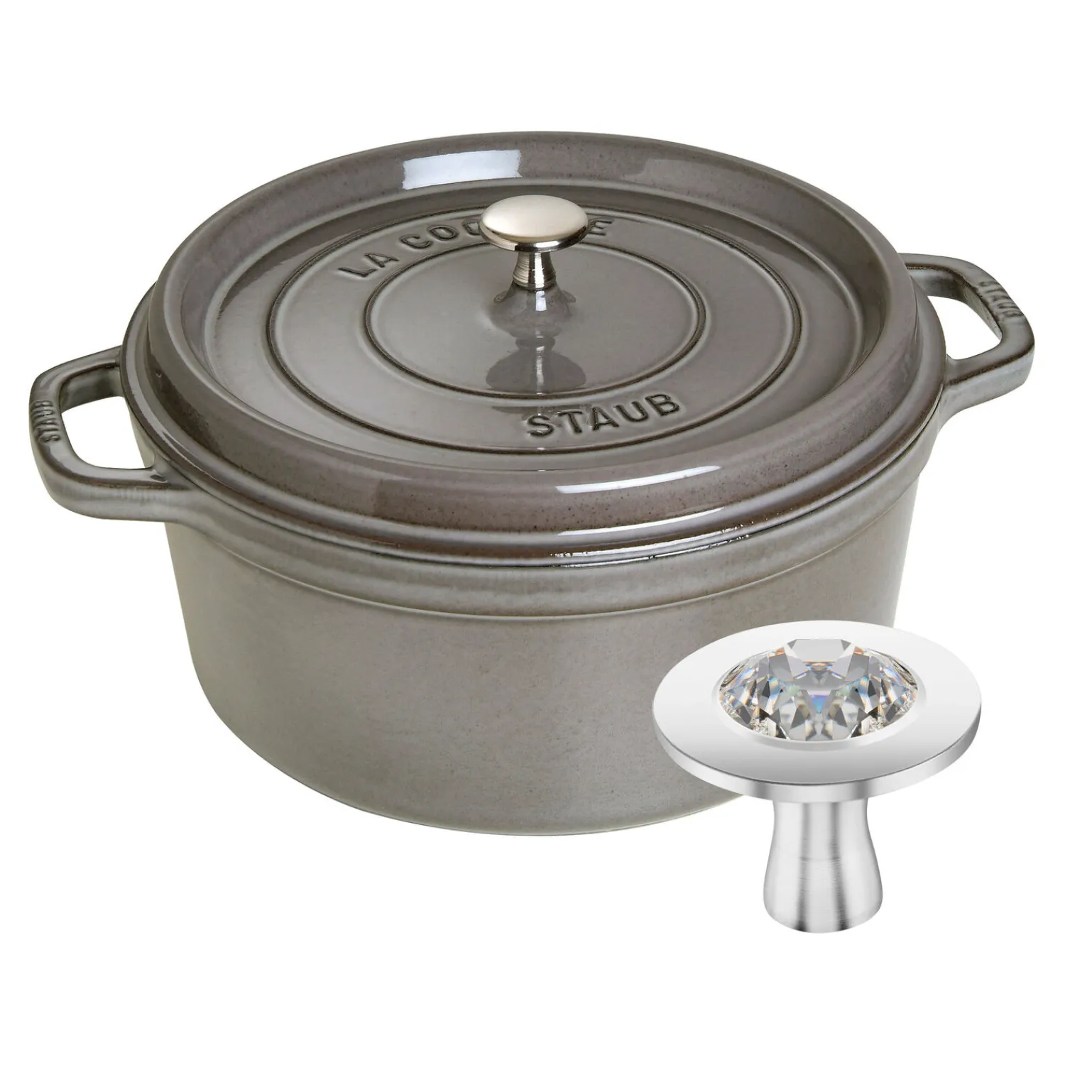 Staub Cocotte et Swarovski bouton, 2-pcs. /28 cm, gris graphite / argent, Fonte / Acier Inoxydable Outlet