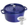 Staub Cocotte et Swarovski bouton, 2-pcs. /28 cm, bleu intense / argent, Fonte / Acier Inoxydable Clearance