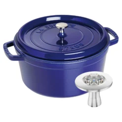 Staub Cocotte et Swarovski bouton, 2-pcs. /28 cm, bleu intense / argent, Fonte / Acier Inoxydable Clearance