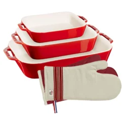 Staub Ensemble de plats à four avecgants de cuisine, 5-pcs. /S/M/L, cerise, Céramique / Coton Best