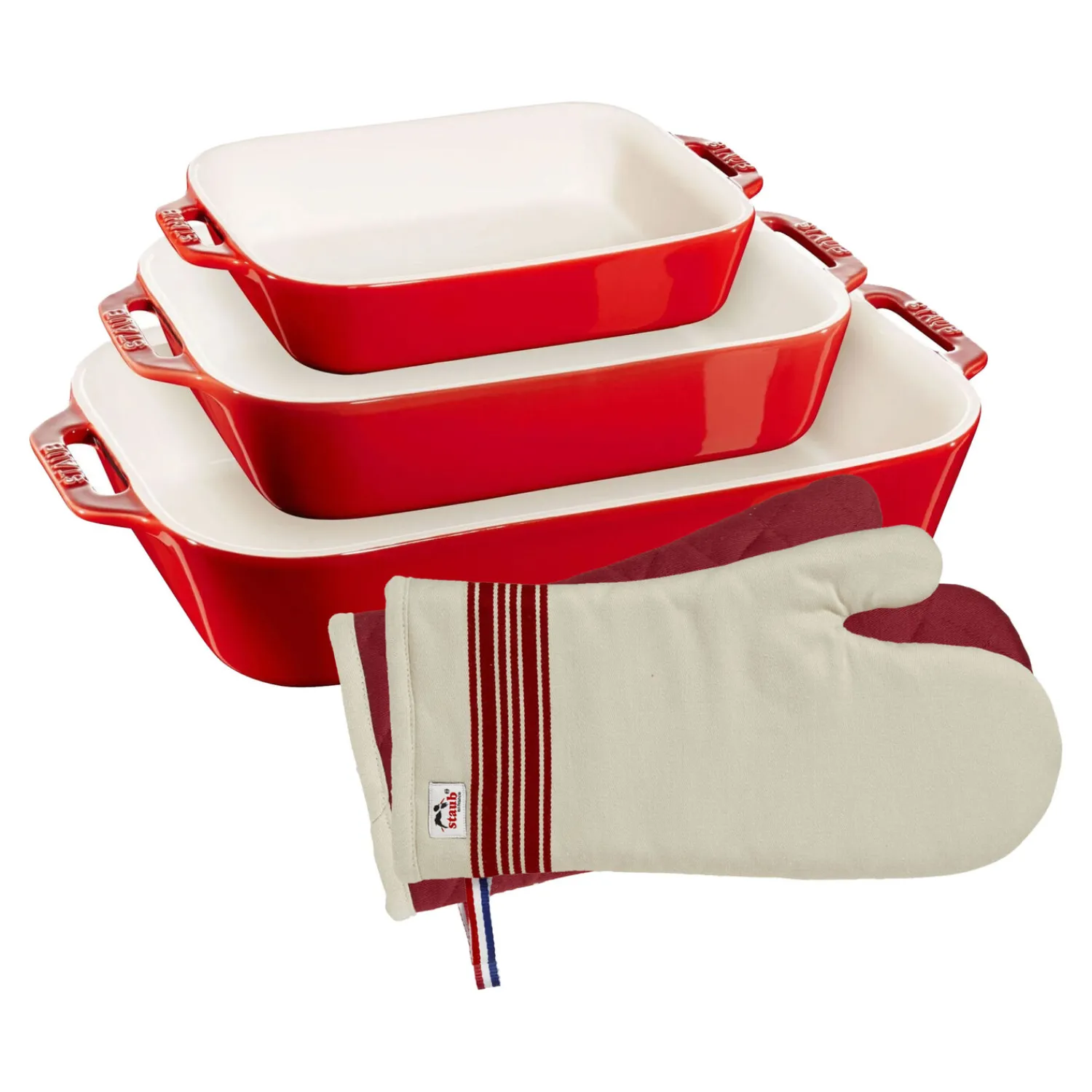 Staub Ensemble de plats à four avecgants de cuisine, 5-pcs. /S/M/L, cerise, Céramique / Coton Best