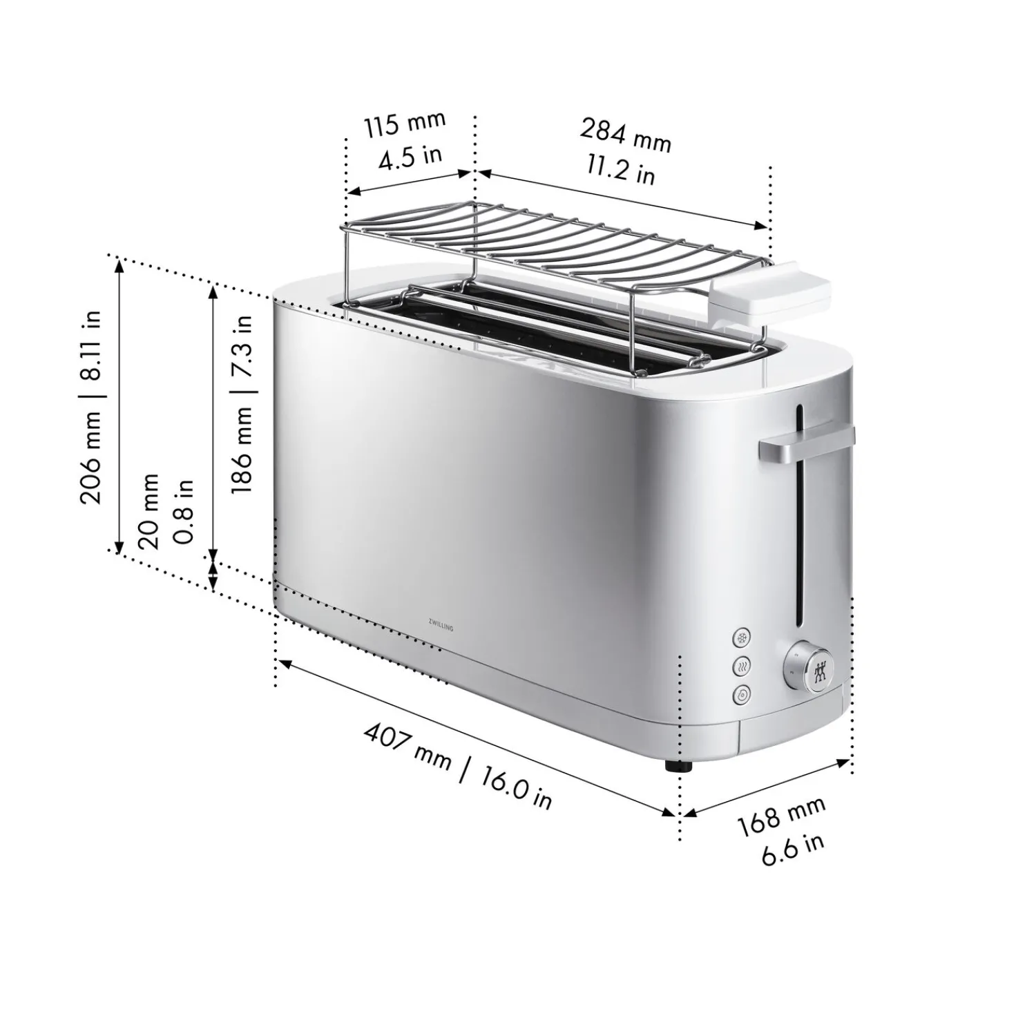 ZWILLING Grille-pain Grille permettant de réchauffer des petits-pains, 2 fentes tranches longues, Argent Sale