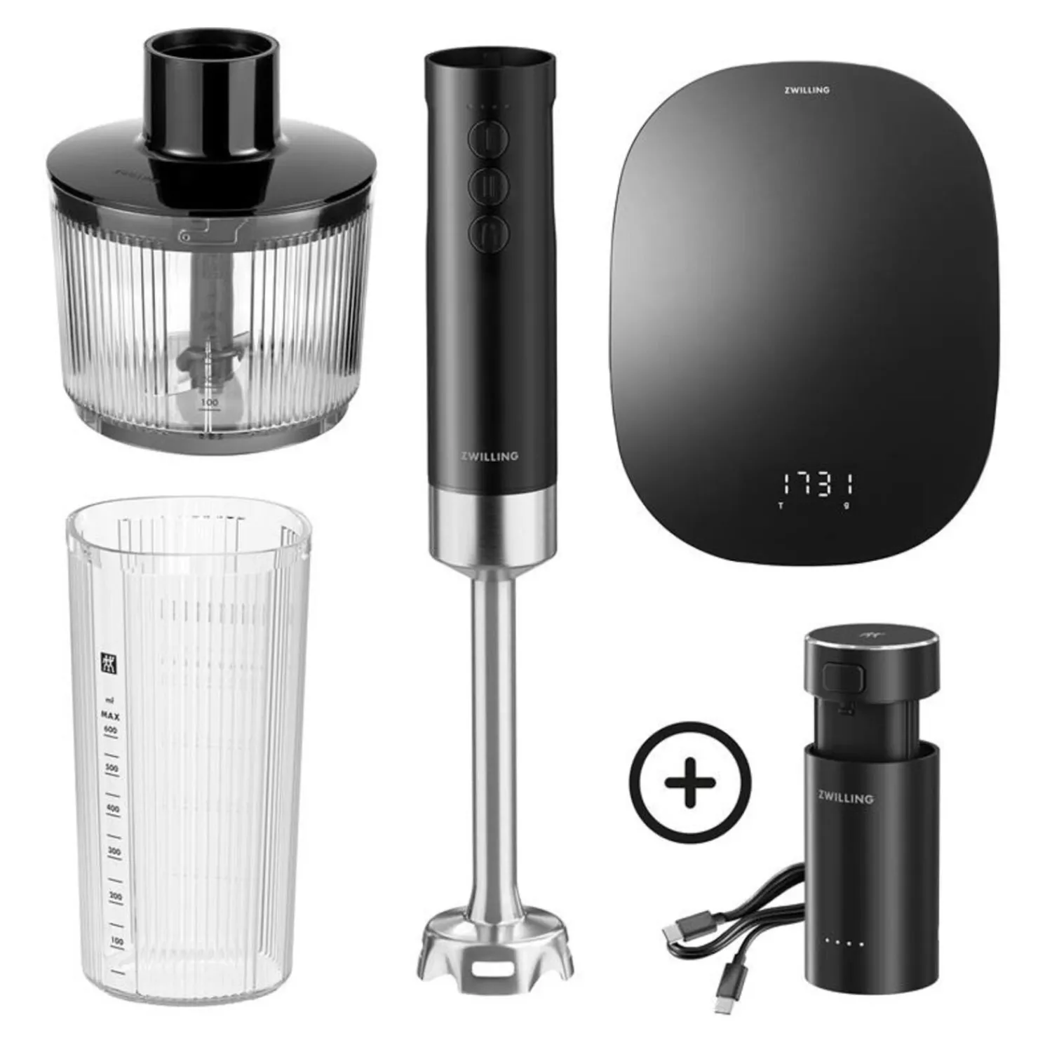 ZWILLING Mixeur plongeant sans fil avec balance digitale et hachoir, 5-pcs, noir