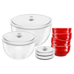 ZWILLING Set de bols sous vide avec couvercle, 10-pcs. /S/M/L, cerise / transparent, Céramique / Verre New