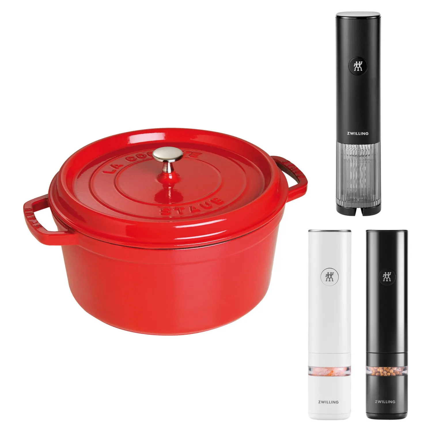 ZWILLING Set de cuisine avec moulins à épices, tire-bouchon et cocotte rouge, 4-pcs. Discount