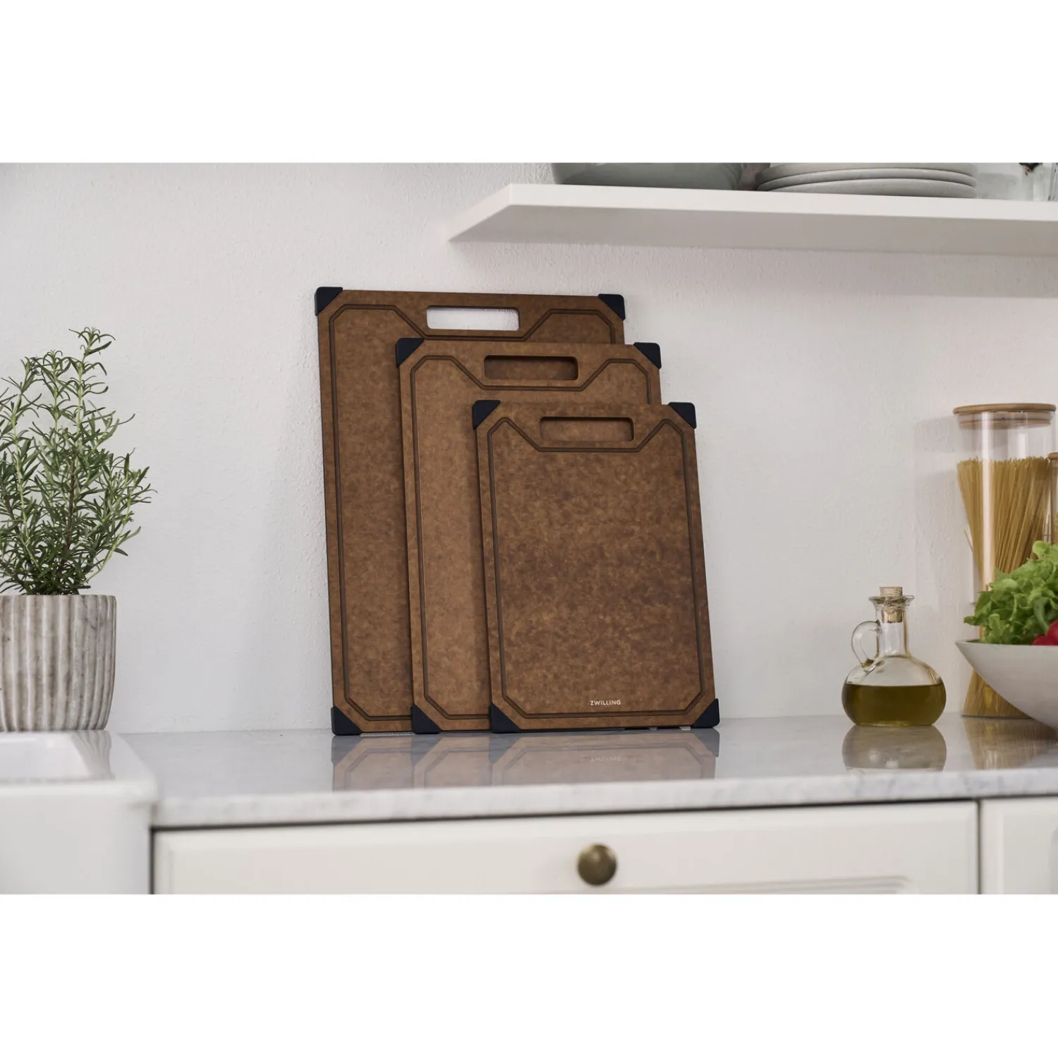 ZWILLING Set de planches à découper avec support, 4-pcs., marron / noir, Fibre de Bois Discount